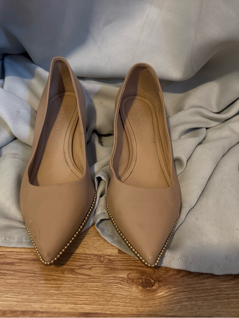 Coach Women's Nude Pointed Toe Flats with Gold Bead Trim